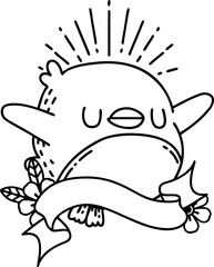 scroll banner with black line work tattoo style flapping robin
