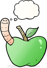 cartoon apple with worm with thought bubble