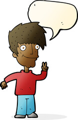 cartoon man giving peace sign with speech bubble
