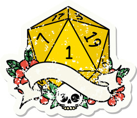 grunge sticker of a natural one d20 dice roll