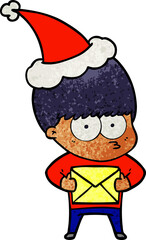nervous hand drawn textured cartoon of a boy wearing santa hat
