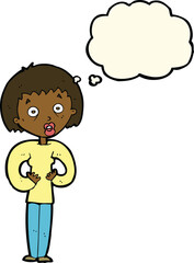 cartoon woman gesturing at self with thought bubble
