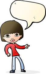 cartoon woman pointing with speech bubble