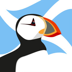 Atlantic puffin head with Scottish flag, flat vector illustration. North fauna, wildlife. Red Book bird.  Arctic shore seabird, ocean coast inhabitants.