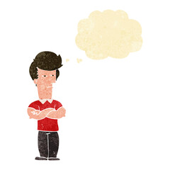 cartoon man with folded arms with thought bubble