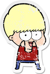distressed sticker of a happy cartoon boy