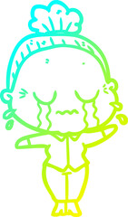 cold gradient line drawing of a cartoon crying old lady