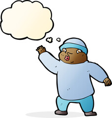 cartoon man in hat waving with thought bubble