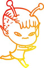 warm gradient line drawing of a cute cartoon alien girl