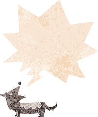 cartoon dog with speech bubble in grunge distressed retro textured style