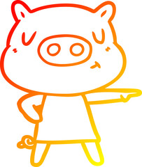 warm gradient line drawing of a cartoon content pig in dress pointing