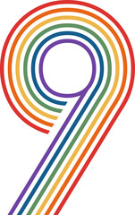 Number 9 in pride rainbow color, PNG file no backround