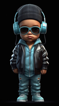 Illustration of a funny toddler in the style of rappers, wearing headphones listens to music - ai generative