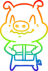 rainbow gradient line drawing of a nervous cartoon pig with present