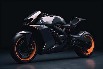 Obraz na płótnie Canvas Futuristic sports bike in cyberpunk style on black background, AI Generated