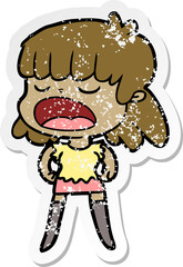 distressed sticker of a cartoon woman talking loudly