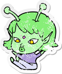 distressed sticker of a pretty cartoon alien girl sitting