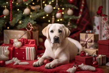Illustration of a white dog resting beside a decorated Christmas tree created with Generative AI technology