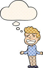 cartoon boy shrugging with thought bubble in comic book style