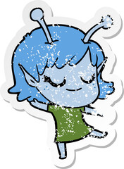 distressed sticker of a smiling alien girl cartoon