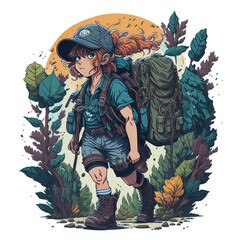 A detailed illustration of a hiker, wearing a backpack, style cartoon