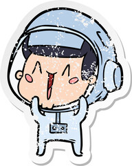 distressed sticker of a happy cartoon astronaut
