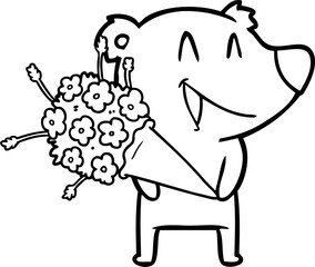 laughing bear cartoon with flowers