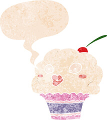 cartoon cupcake with speech bubble in grunge distressed retro textured style