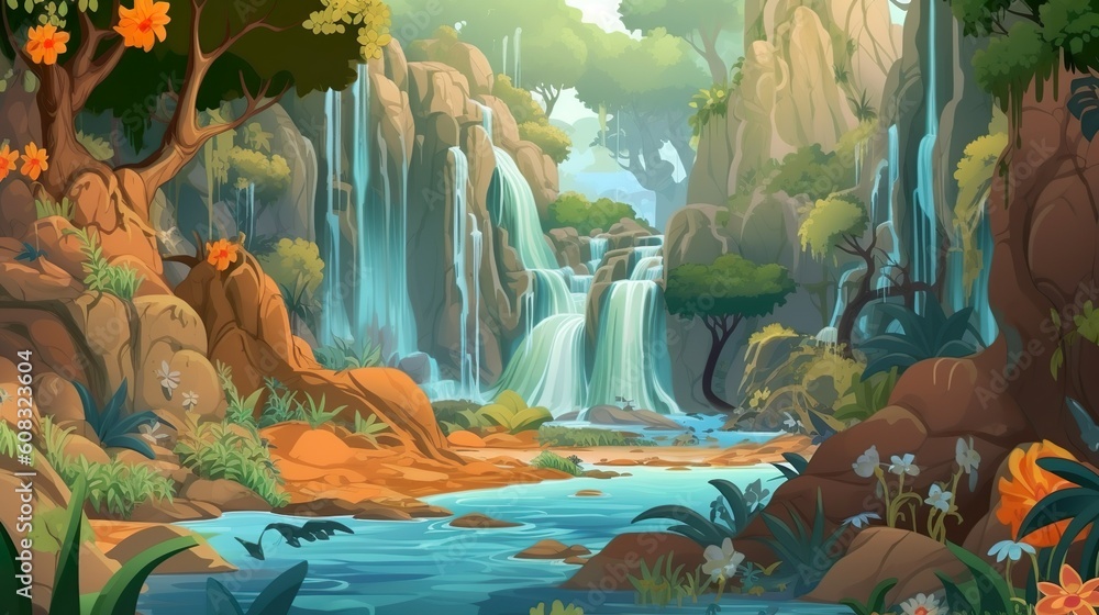 Poster abstract background waterfall in jungle forest. an image of the mesmerizing charm of a jungle forest