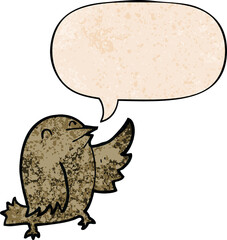 cartoon bird with speech bubble in retro texture style