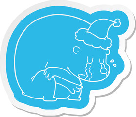 crying quirky cartoon  sticker of a polar bear wearing santa hat