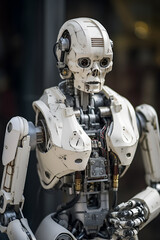 Fototapeta premium Stylish handsome cyborg, a futuristic character in a male body on a dark background, generative AI.