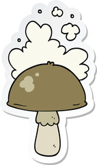 sticker of a cartoon mushroom with spore cloud