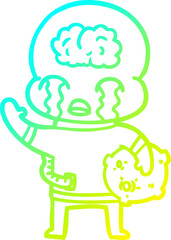 cold gradient line drawing of a cartoon big brain alien crying and waving goodbye