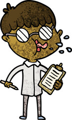cartoon boy wearing spectacles with clip board