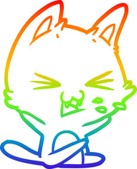 rainbow gradient line drawing of a cartoon cat hissing