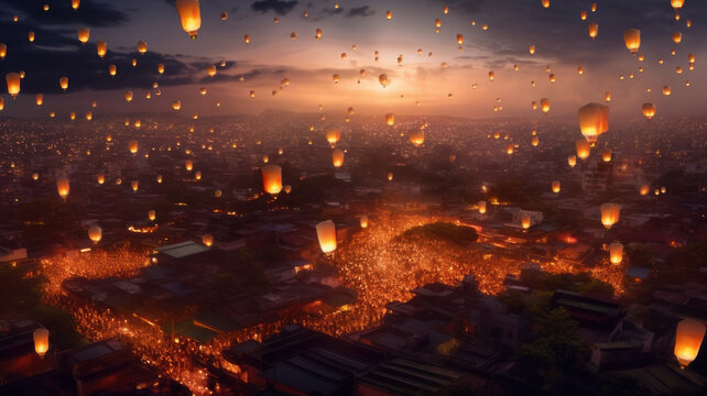 Flying paper lanterns. Generative AI