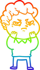 rainbow gradient line drawing of a cartoon angry man
