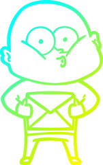 cold gradient line drawing of a cartoon bald man staring