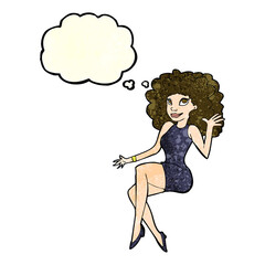 cartoon sitting woman waving with thought bubble