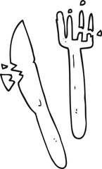 freehand drawn black and white cartoon cracked plastic cutlery