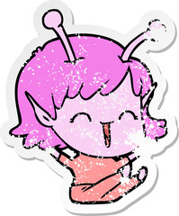 distressed sticker of a cartoon alien girl laughing