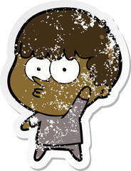 distressed sticker of a cartoon curious boy waving