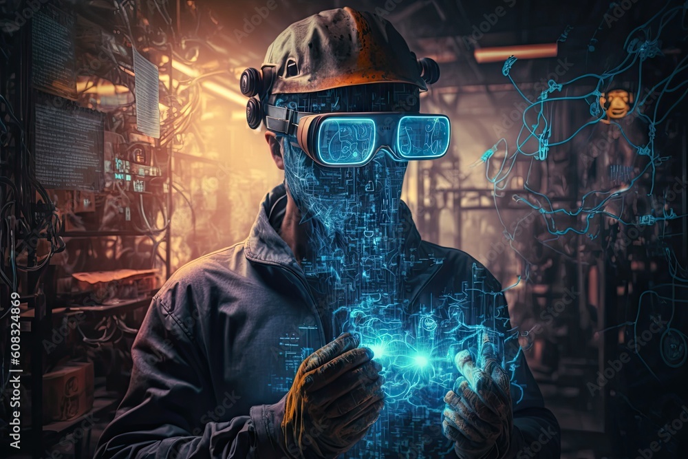 Poster industrial worker using augmented reality goggles in a factory