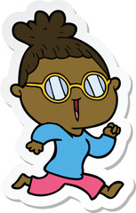 sticker of a cartoon running woman wearing spectacles
