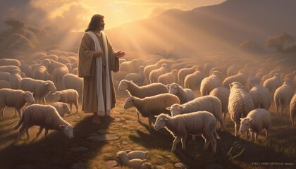 Jesus is walking in the meadow with the sheep, Jesus is shepherding. Generative Ai