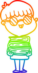 rainbow gradient line drawing of a cartoon nerd boy with spectacles and book