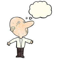 cartoon confused middle aged man with thought bubble