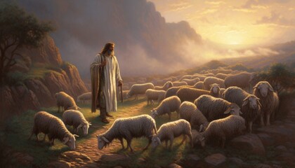 Jesus is walking in the meadow with the sheep, Jesus is shepherding. Generative Ai