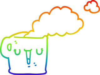 rainbow gradient line drawing of a cartoon hot cup of coffee
